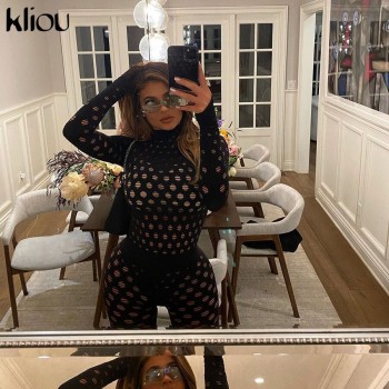 See Through Hollow Out Sexy Zipper Jumpsuit Women Turtleneck Net Plaid Hole Skinny Elastic Club